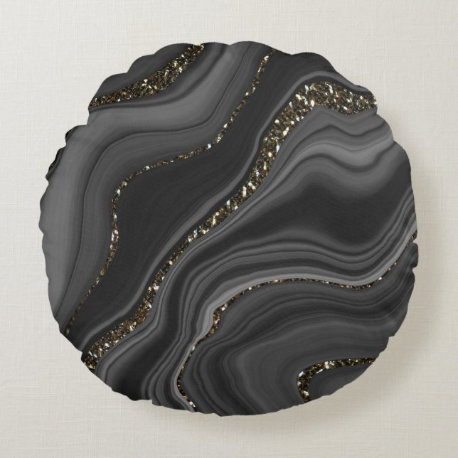 Coussins Ronds Rêve d'Parties scintillant d'Agate blanc gris-noir (Devant)