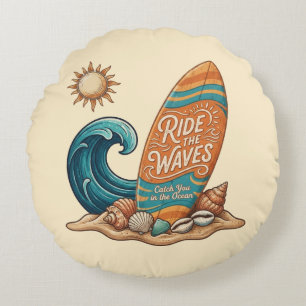 Coussins Ronds Ride The Waves - Vintage Surfing Round Decorative 