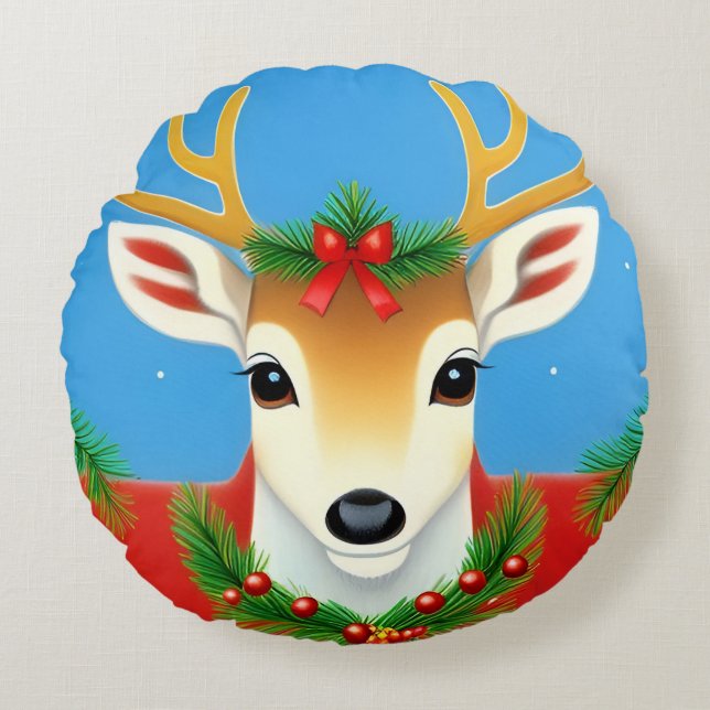 Coussins Ronds Rindeer Festif avec couronne de Vacances (Devant)