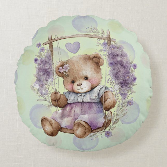 Coussins Ronds Robe Lavande Et Polka Brown Teddy Bear Swing (Devant)