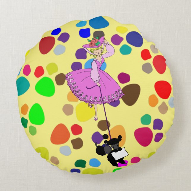 Coussins Ronds Robe rose mignonne Poodle noir dessin original (Dos)