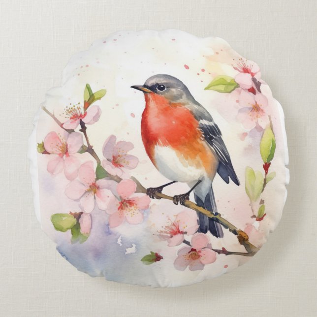 Coussins Ronds Robin d'aquarelle sur la branche de fleur de ceris (Devant)