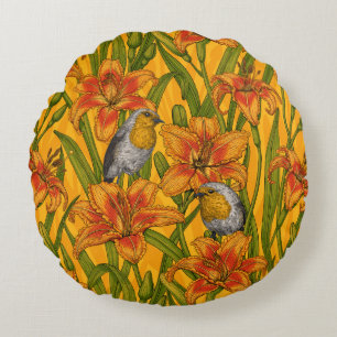 Coussins Ronds Robins et fleurs de lys, orange et vert