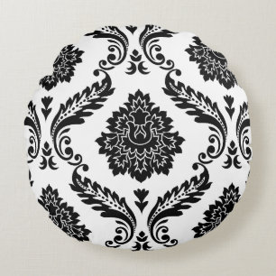 Coussins Ronds Rococo Damassé Grand Motif Noir sur Blanc