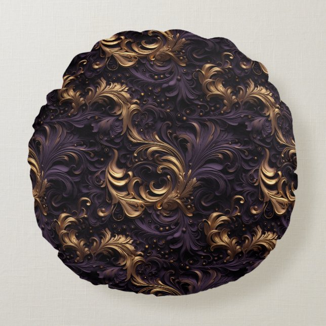 Coussins Ronds Rococo Realms : Golden Dark Purple Floral perles (Devant)