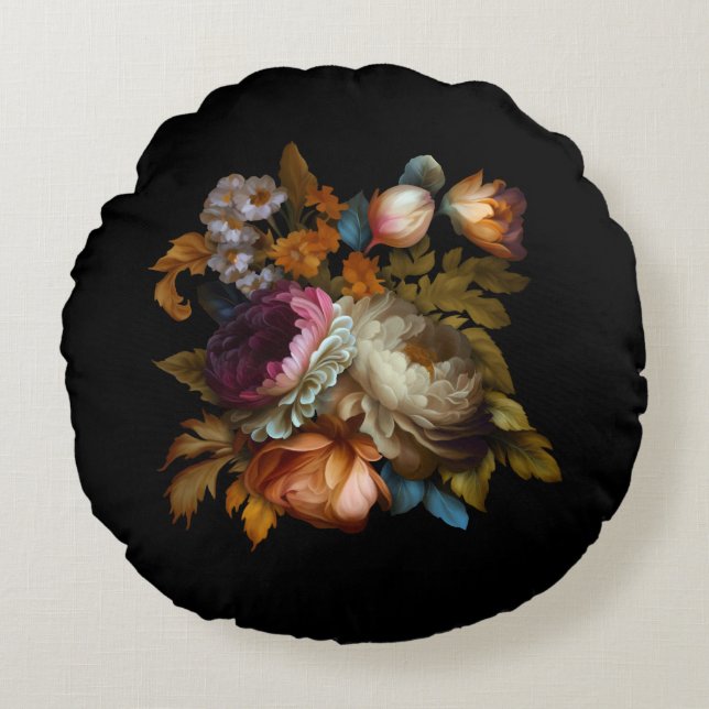 Coussins Ronds Romantique Dramatique "Vieux Monde" Floral (Devant)