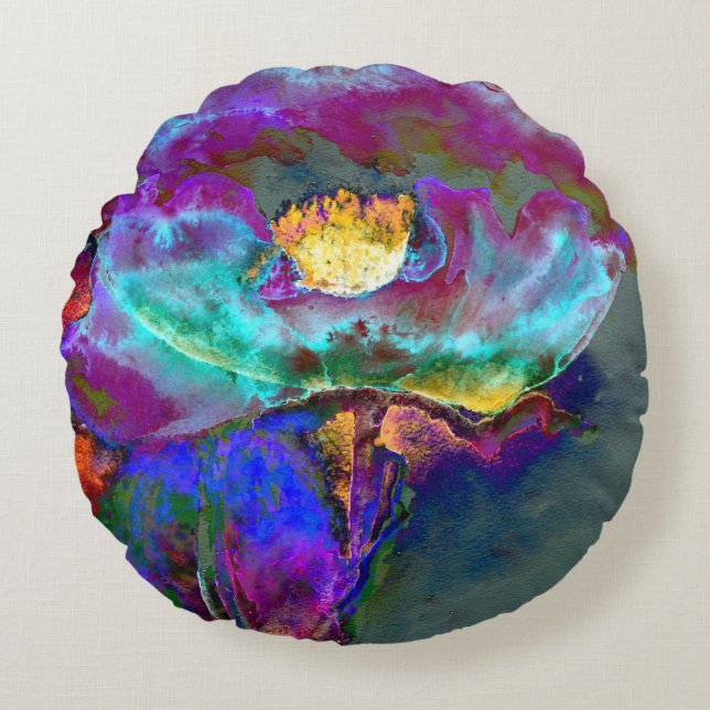 Coussins Ronds Romantique élégant violet turquoise peinture de fl (Devant)