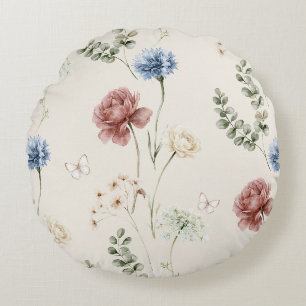 Coussins Ronds Rose Bourgogne Fleurs Blanches Bleues Papillon