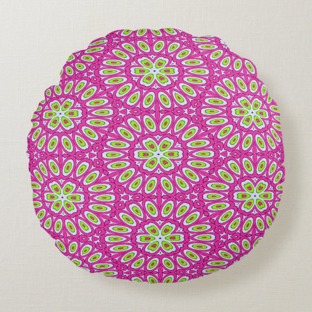 Coussins Ronds Rose chaud, vert citron vert et blanc (Devant)