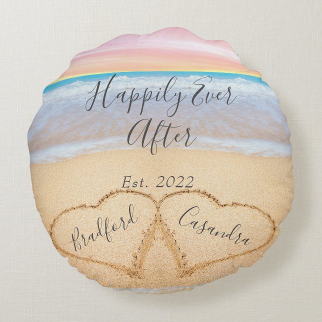 Coussins Ronds Rose Pâle Chic Plage Couple Cœurs Sable  (Dos)