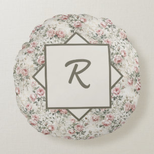 Coussins Ronds Rose Pâle Élégant Monogramme Floral Vintage