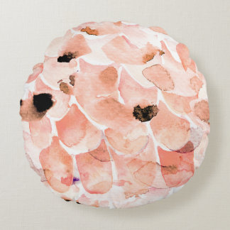 Coussins Ronds Rose, pivoine, feuille, motif aquarelle.