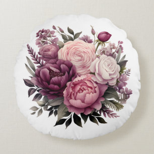 Coussins Ronds Rose Pivoines Fleur Floral Blanc Rose Violet