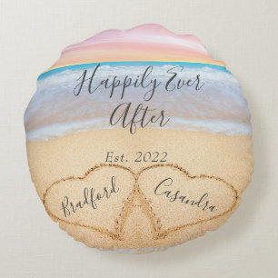 Coussins Ronds Rose poudré chic plage couples coeurs sable 