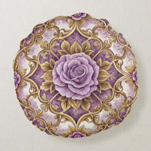 Coussins Ronds Rose Pourpre & Or Baroque Élégant Floral Vintage