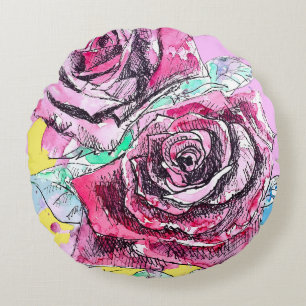 Coussins Ronds Rose Rouge Roses Aquarelle Florale Fleurs Fleur