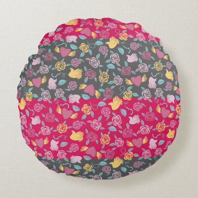Coussins Ronds Roses, Coeurs et Motifs des mains (Devant)