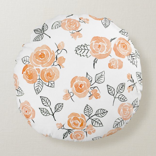 Coussins Ronds Roses d'aquarelle : Arrière - plan blanc d'encre (Devant)