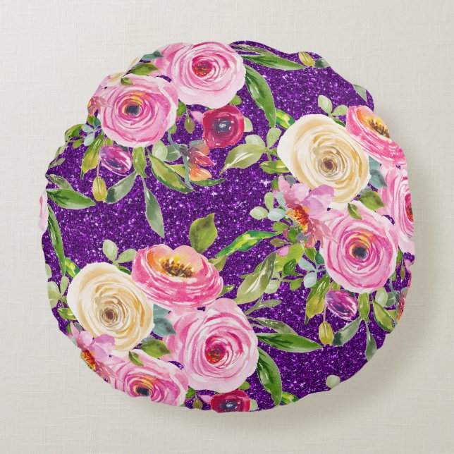 Coussins Ronds Roses d'aquarelle en Parties scintillant rose et c (Devant)