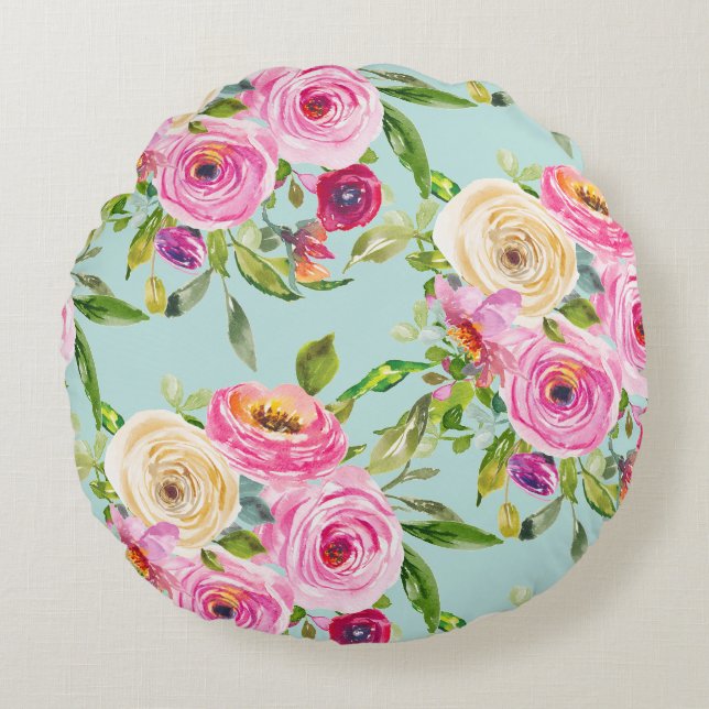 Coussins Ronds Roses d'aquarelle en rose et crème sur Aqua (Devant)