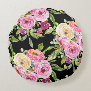 Coussins Ronds Roses d'aquarelle en rose et crème sur noir