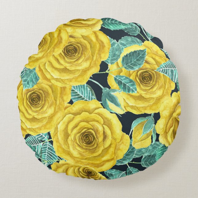 Coussins Ronds Roses d'aquarelle jaune avec feuilles et pattes de (Devant)