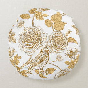 Coussins Ronds Roses dorés, fleurs, feuilles et baies de chien
