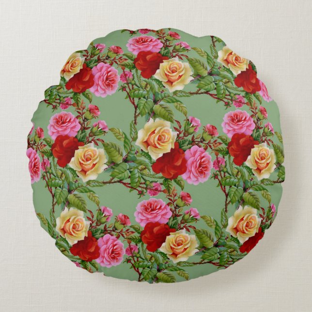 Coussins Ronds Roses et feuillage rose rouge Motif (Devant)