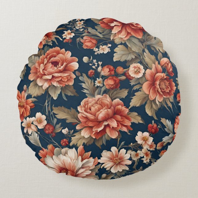 Coussins Ronds Roses, Feuilles et fleurs rétro (Devant)