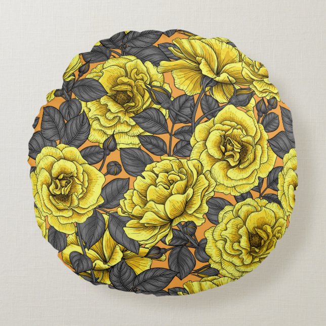 Coussins Ronds Roses jaunes avec feuilles gris sur orange (Devant)