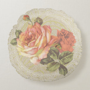Coussins Ronds Roses roses roses roses orange & dentelle fleurie