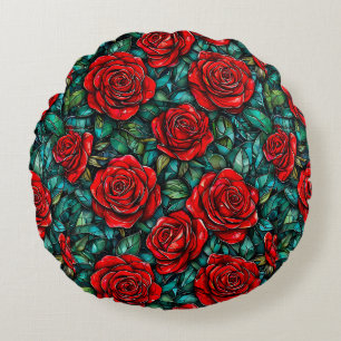 Coussins Ronds Roses Rouges & Feuilles Vertes 🌹🍃 Élégance Flora