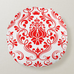 Coussins Ronds Rouge et blanc Damas Floral Élégant Motif