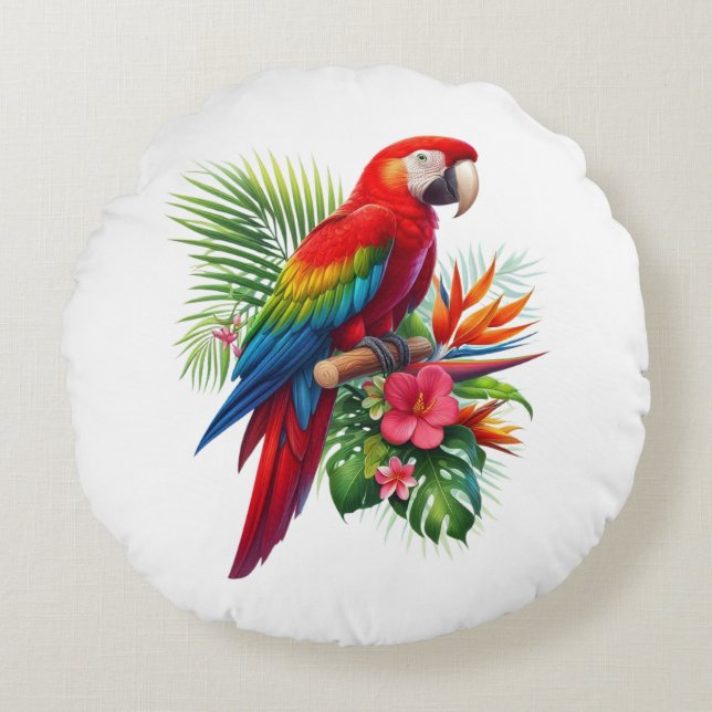 Coussins Ronds Rouge macaw tropical floral (Devant)