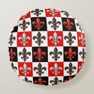 Coussins Ronds Rouge Noir Blanc À damiers Fleur de lis Design