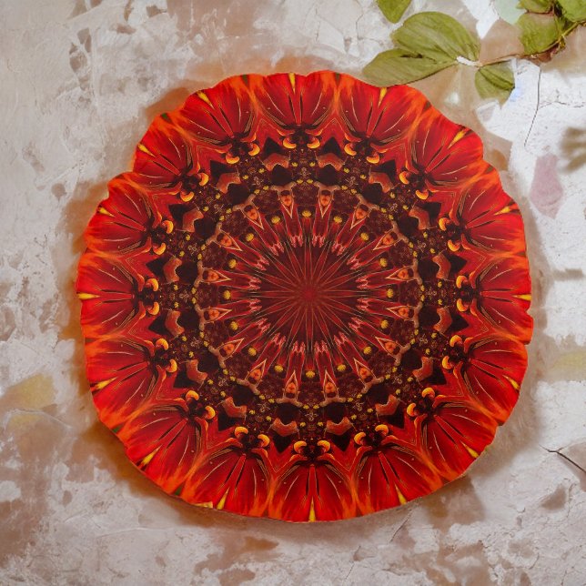 Coussins Ronds Rouge profond Rudbeckia Floral Mandala (Créateur téléchargé)