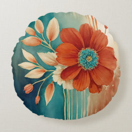 Coussins Ronds Rouille et abstrait floral turquoise