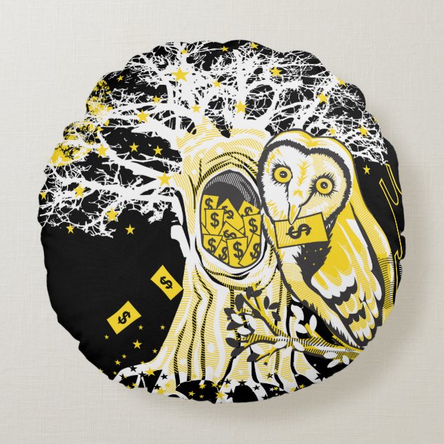 Coussins Ronds Round Pillow – Urban Tree Owl & Wealth Surreal Pop (Devant)