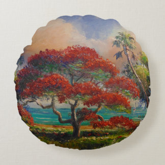 Coussins Ronds Royal Poinciana Tree & Boat par Mazz