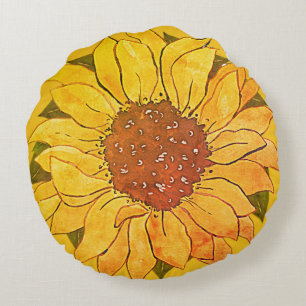 Coussins Ronds Russe Golden Yellow Sunflower aquarelle fleurie