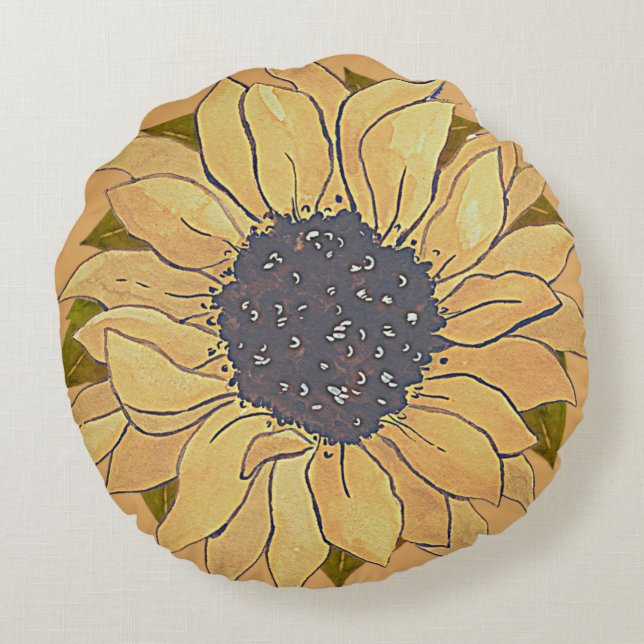 Coussins Ronds Russe Golden Yellow Sunflower aquarelle fleurie R (Dos)