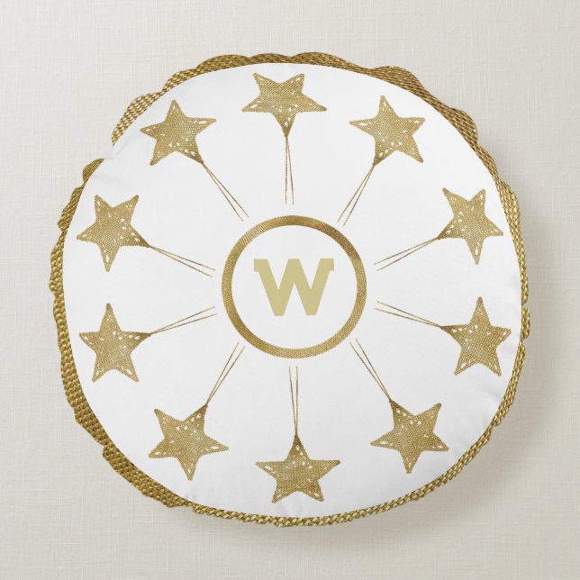 Coussins Ronds Rustic Golden Stars Motif Sur Monogramme Blanc (Devant)