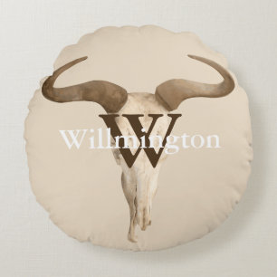 Coussins Ronds Rustic Western Prairie Cow Crâne Nom de famille