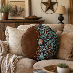 Coussins Ronds Rustique brun turquoise de l'ouest motif