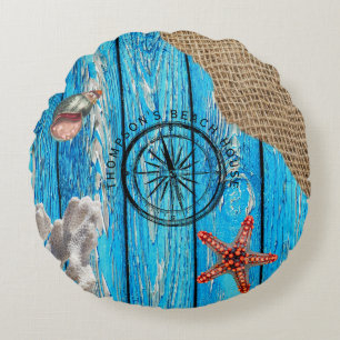 Coussins Ronds Rustique Nautique Bleu Burlap Starfish