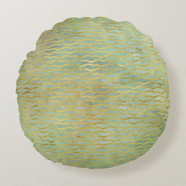 Coussins Ronds Sage Vert & Or Aquarelle Wave Stripes (Devant)