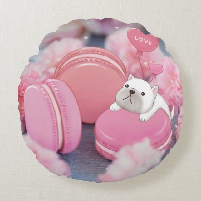 Coussins Ronds Saint-Valentin : Chien de taureau, Macarons et Fle (Devant)