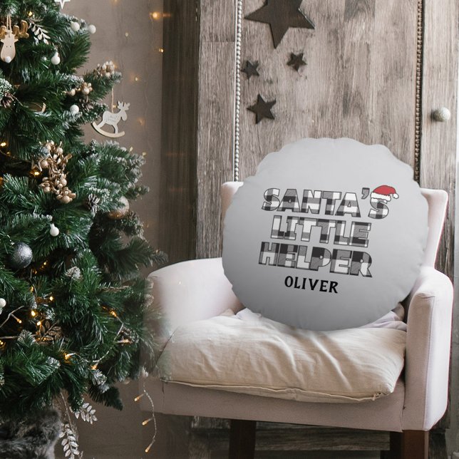 Coussins Ronds Santa's Little Helper Personalized  (santa's little helper Christmas personalized round pillow. black and white plaid check design)