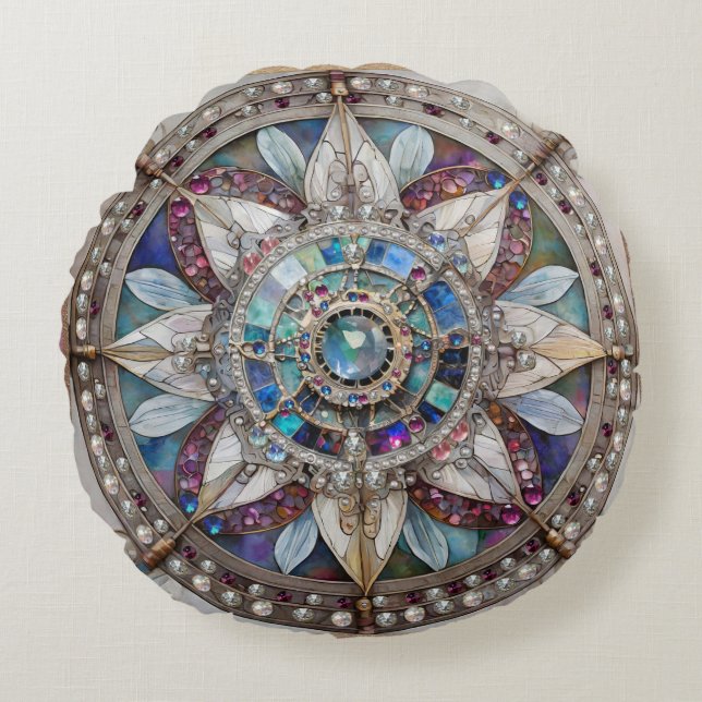 Coussins Ronds Saphirs roses et bleus Diamants Perles Mandala (Devant)