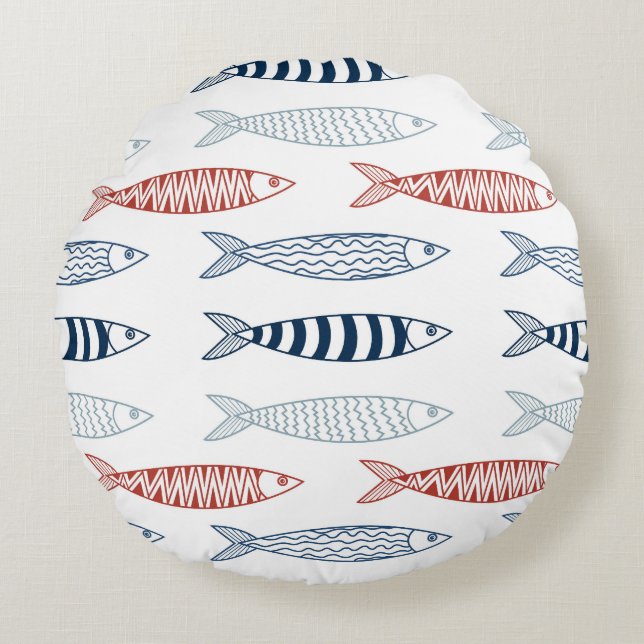 Coussins Ronds Sardines méditerranéennes décoratives Motif de poi (Devant)